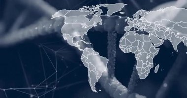 Dünya haritasının animasyonu ağ bağlantıları ve soyut elementlerle örtüşüyor. Küreselleşme, teknoloji, dijital, bağlantı, iletişim, fütürist