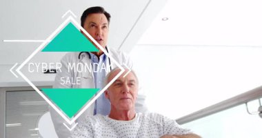 Siber Pazartesi Satışı animasyon kaplamalı hastaya yardım, hastanede doktor. Sağlık, tıp, teknoloji, promosyon, indirim, dijital