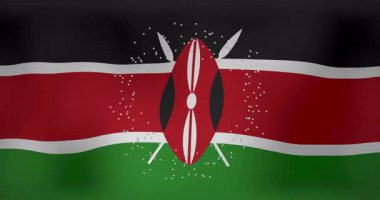 Beyaz parçacıklarla çevrili, kalkan ve mızraklı Kenya bayrağı animasyonu. Vatanseverlik, ulusal, kültür, gurur, sembol, kutlama