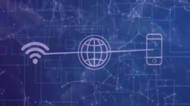 Wi-Fi ve akıllı telefon simgeleri dijital ağ arka plan animasyonuna bağlandı. Teknoloji, bağlantı, iletişim, kablosuz, mobil, yenilik