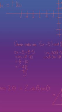 Mavi ile mor arasında el yazısıyla yazılmış matematiksel formüllerin animasyonu. Bilim, matematik ve öğrenme konsepti dijital olarak oluşturulmuş video.