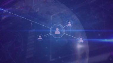 Dijital ağ konseptinde bağlı kullanıcı simgelerinin canlandırılması. Küresel, ağ oluşturma, bağlantı, iletişim, teknoloji, İnternet