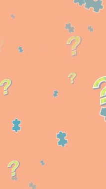 Turuncu arka planda yüzen bulmaca ve soru işaretlerinin animasyonu. Ulusal bulmaca günü ve beyin aktivitesi konsepti dijital olarak oluşturuldu.