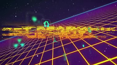Uzay temalı dijital simgelerle neon ızgara üzerinden metin animasyonunu hazırla. Gelecekçi, teknoloji, sanal