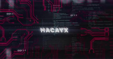 İkili kod ve kırmızı devre desenleri koyu arkaplanda animasyon yaratıyor. Teknoloji, dijital, soyut, geleceksel, ağ, elektronik