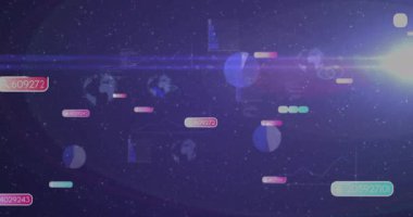 Uzay temalı arka planda yüzen grafiklerle dijital veri noktalarının animasyonu. Teknoloji, analitik, fütüristik, hareket, finans, ağ