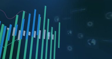Koyu dijital arkaplanda renkli çubuk ve çizgi grafiklerinin animasyonu. Veri, analitik, istatistik, görselleştirme, teknoloji, finans