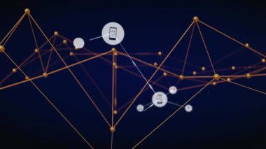 Dijital simgeler ağı çizgilerle bağlanır, koyu arkaplanda soyut animasyon. Teknoloji, bağlantı, iletişim, siber, geleceksel, internet