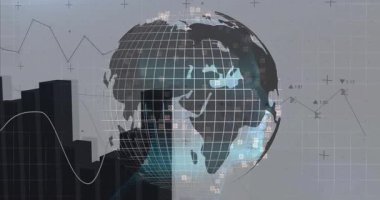 Veri noktaları ve soyut şebeke arka planında grafikleri olan dijital kürenin animasyonu. Teknoloji, küresel, ağ, veri görselleştirme, fütüristik, analitik