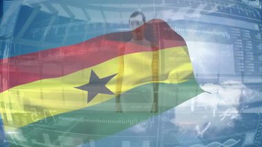Arka planda düşünceli bir insanla dijital animasyon üzerinde Gana bayrağı sallamak. Vatanseverlik, kutlama, ulusal gurur, teknoloji, renkli, amblem