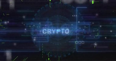 CRYPTO 'yu fütüristik grafik ve verilerle gösteren animasyon, dijital arayüz gösteriliyor. Kripto para birimi, engelleme zinciri, teknoloji, finans, yenilik, soyut