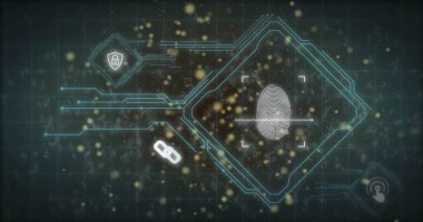 Asma kilit ve parmak izi üzerindeki bağlantı ağının resmi. Teknoloji, iş ve dijital arayüz kavramı dijital olarak oluşturulmuş görüntü.