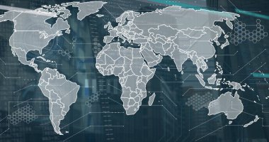 Şehir manzarası üzerinde dünya haritası ve veri işleme resmi. İş ve dijital arayüz kavramı dijital olarak oluşturulmuş görüntü.