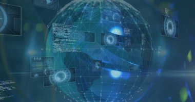 Karanlık arka planda dijital veri işleme ve küreye ait görüntü. Dijital olarak oluşturulmuş küresel bağlantılar, hesaplama ve veri işleme kavramı.