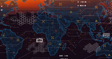 Şehir haritası üzerinde veri işleme olan dünya haritası. Küresel teknoloji, bilgisayar ve dijital arayüz kavramı dijital olarak oluşturulmuş görüntü.