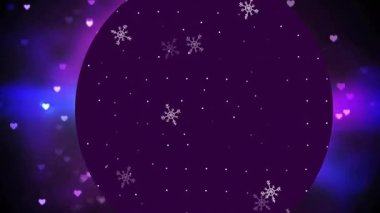 Noel Baba şapkası ve mor kalpli kar taneleriyle Mutlu Noeller metninin animasyonu. Tatil, kutlama, şenlik, kış, selamlama, süsleme