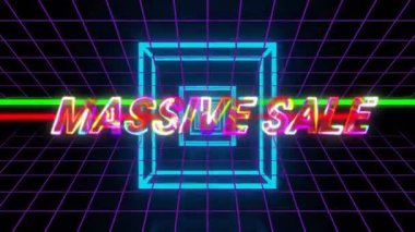 Parlak neon metin Massive Sale canlı renkler ve ızgara desenli animasyon. Pazarlama, perakende, indirim, dijital, promosyon, reklam