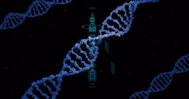 Roket şemaları ve sistem denetim notlarıyla DNA iplikçiklerinin animasyonu. Biyoteknoloji, bilim, yenilik, mühendislik, araştırma, genetik
