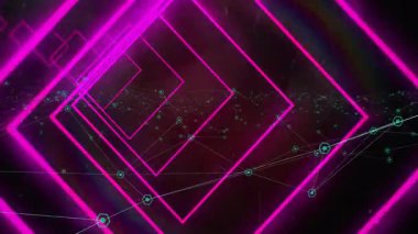 Karanlık arka planda ağ bağlantıları olan neon pembe geometrik şekillerin animasyonu. Soyut, geleceksel, teknoloji, dijital, siber, model