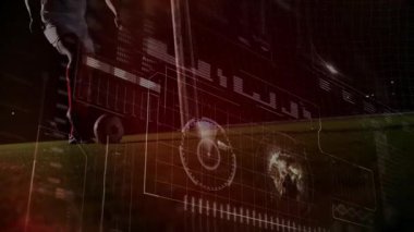 Çimenlerde fütüristik veri grafikleriyle oynayan golfçüyü kaplayan animasyon. veri görselleştirme, teknoloji, yenilik, spor analitiği