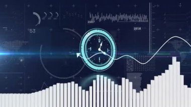 Dijital grafiklerin animasyonu ve saat ve veri görselleştirmeli dünya haritası. analitik, teknoloji, küresel, infografik, fütüristik, finans