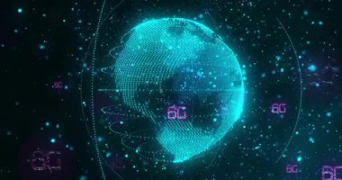Parlak ağ bağlantılarının üzerinde 6G metin animasyonu olan dijital bir dünya. Teknoloji, bağlantı, kablosuz, iletişim, yenilik, gelecek