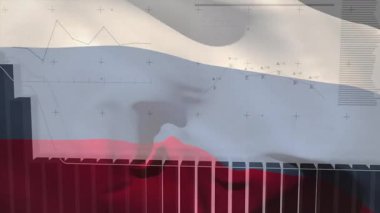 Çubuk grafik ve veri analizi bayrak sallama arkaplanı üzerinde. Maliye, analitik, istatistik, yatırım, büyüme, ekonomi