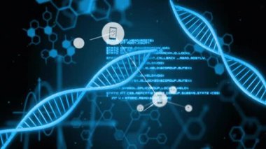 Teknoloji ve biyoloji entegrasyonunu gösteren dijital simgelerle DNA iplikçiklerinin animasyonu. Biyoteknoloji, genetik, yenilik, siber, moleküler, ilerleme