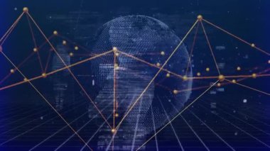 Şebeke üzerinde ağ bağlantıları ve veri işleme animasyonuna sahip dijital dünya. Teknoloji, ağ, bağlantı, fütüristik, siber uzay, sanal