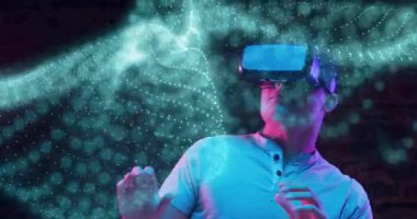 VR kulaklık takan, okulda parlayan animasyon parçacıklarıyla etkileşime giren biri. Sanal gerçeklik, teknoloji, eğitim, dolambaçlı, yenilik, dijital
