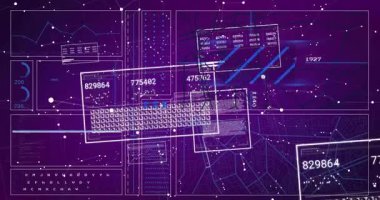 Klavye ve mor arkaplandaki veri grafikleriyle dijital arayüzün animasyonu. Teknoloji, yenilik, analitik, siber, fütüristik, sanal