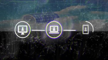 Soyut teknolojik arkaplan üzerinde bağlı cihazlarla dijital ağ animasyonu. Ağ, bağlantı, teknoloji, yenilik, veri, iletişim