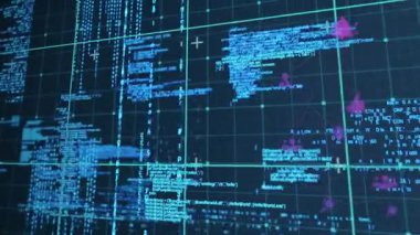 Okulda, sistem arka planında dijital kodu ve veri görselleştirmesini gösteren animasyon. Teknoloji, programlama, analitik, fütürist, kodlama, ağ