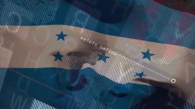 Dijital verilerle Honduras bayrağı dalgalanıyor ve ikili kod animasyonu örtüyor. Teknoloji, siber güvenlik, yenilik, ulusal, vatansever, ağ