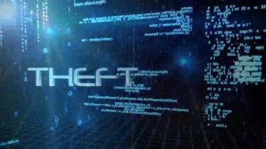 Sanal alanda kodlaması ve veri akışı olan dijital spam metninin animasyonu. Siber güvenlik, hackleme, veri sızıntısı, kötü amaçlı yazılım, internet, teknoloji