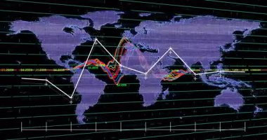 Okul ortamında dünya haritasının üzerinde dalgalanan finansal grafiklerin animasyonu. Finans, ekonomi, yatırım, analitik, küresel, eğitim