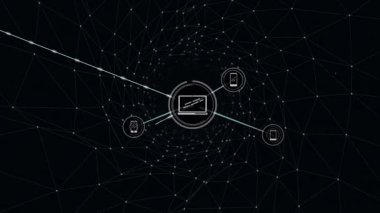 Animasyonda dijital ağ, bağlı aygıtlar ağı ve veri düğümleri oluşturuluyor. Bağlantı, teknoloji, dijital dönüşüm, yenilik, fütüristik, siber