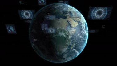 Dijital animasyon ile uzayda dönen Dünya küresel bağlantı arayüzlerini gösteriyor. ağ, bağlantılar, teknoloji, iletişim, küre