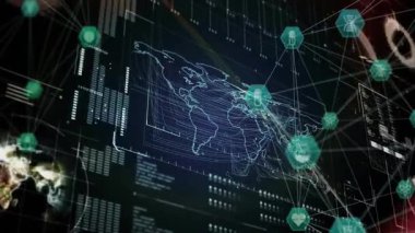 Veri akışları ve teknoloji simgeleriyle dijital dünya haritasının animasyonu. Küresel, ağ, bağlantı, iletişim, yenilik, siber güvenlik