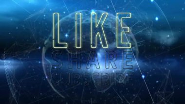 Dijital dünya ve ağ bağlantıları üzerinden neon metnin animasyonu, paylaş, abone ol. bağlantı, sosyal medya, neon ışıklar, bağlılık, sanal, promosyon