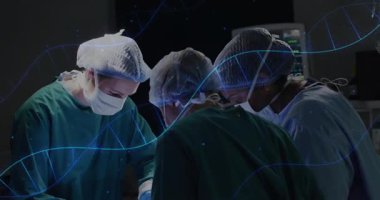 Ameliyathanede, cerrahlar DNA dizisi animasyon kaplamasına odaklanıyor. Cerrahi, biyoteknoloji, yenilik, sağlık, araştırma, genetik