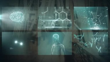 Bilimsel ve teknolojik arka planda dijital beyin ve DNA animasyonları. Bilim, teknoloji, biyoteknoloji, yenilik, yapay zeka, genomik