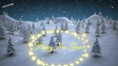 Karlı manzara animasyon sahnesinde parlayan yıldızlarla mutlu yıllar mesajı. Kutlama, şenlik, kış, tatil, ışıl ışıl, selamlaşma