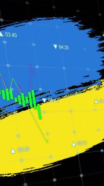 Ukrayna bayrağı üzerinde veri işleme animasyonu. Ukrayna krizi ve uluslararası politika kavramı dijital olarak oluşturuldu.