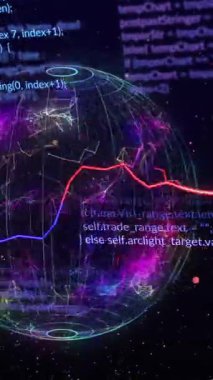 Siyah arkaplanda veri işleme ve küre animasyonu. küresel iş ve dijital arayüz kavramı dijital olarak oluşturulmuş video.