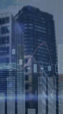 Animation of statistics and financial data processing over office buildings. business, finance and data processing concept digitally generated video.