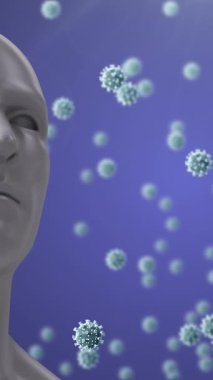 Mavi arka planda insan kafasının üzerinde yüzen virüs hücrelerinin animasyonu. covid 19 pandemik konsept sırasında dijital olarak üretilen video.