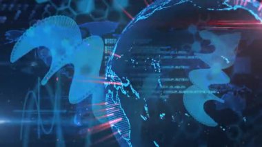 Veri kalıpları ve dünya haritası animasyonu üzerinde parıldayan bağlantıları olan dijital bir küre. Küreselleşme, dijital ağ, teknoloji, bağlantı, yenilik, sanal