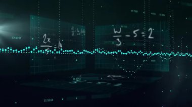 Dijital uzayda yüzen matematiksel denklemlerin ve veri noktalarının animasyonu. Teknoloji, gelecekçi, siber güvenlik, analitik, veri bilimi, sanal