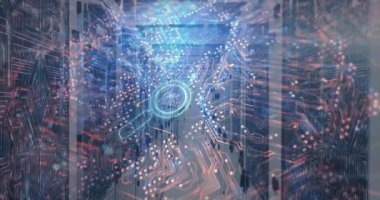 Dijital veri işleme animasyonunun üzerinde Vizyonumuz metni olan büyüteç. Teknoloji, yenilik, gelecek, analiz, kavram, bilgi